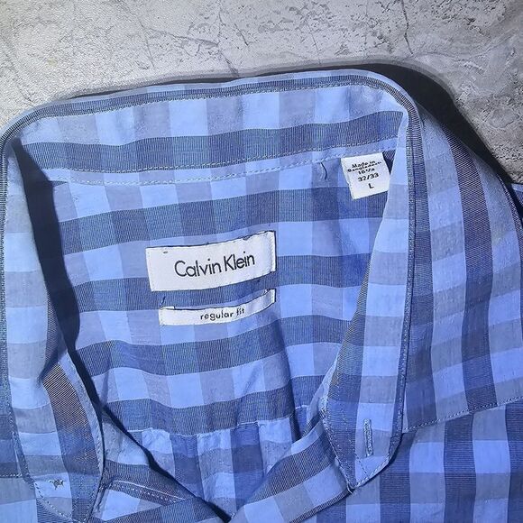 Men’s Calvin Klein Dress Shirt Large Long sleeve Blue And Grey Check Regular Fit - Picture 5 of 8